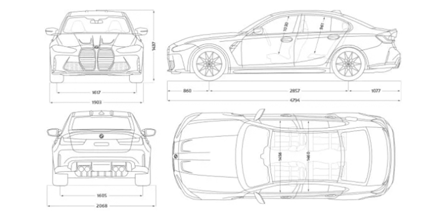 Technický nákres BMW M3 Sedan Technický nákres BMW M3 Sedan